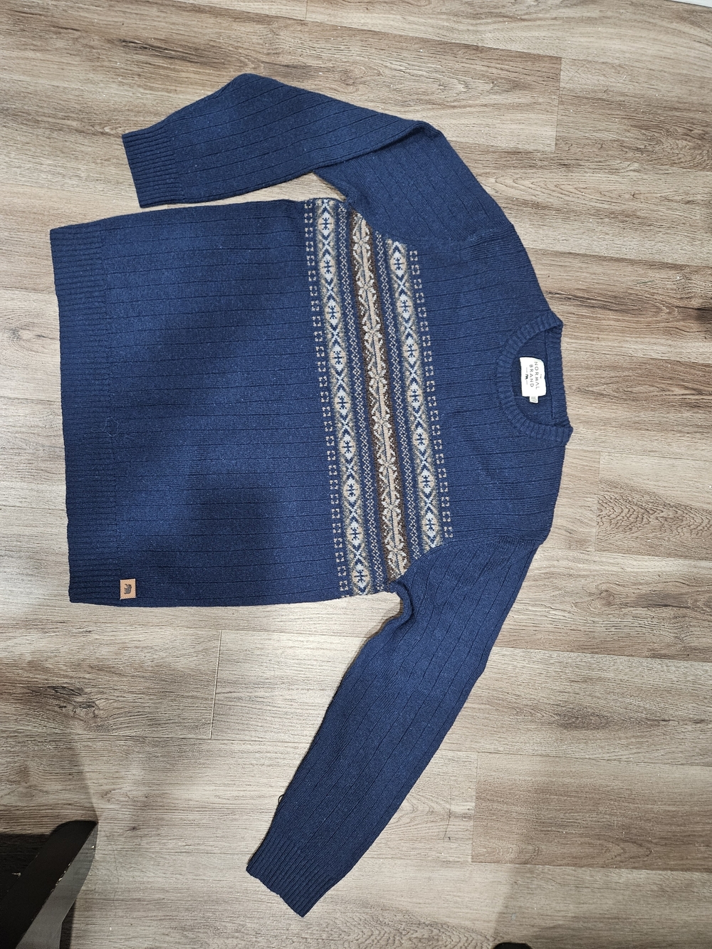 The Normal Brand Navy Crewneck Sweater with Patterned Chest Stripe